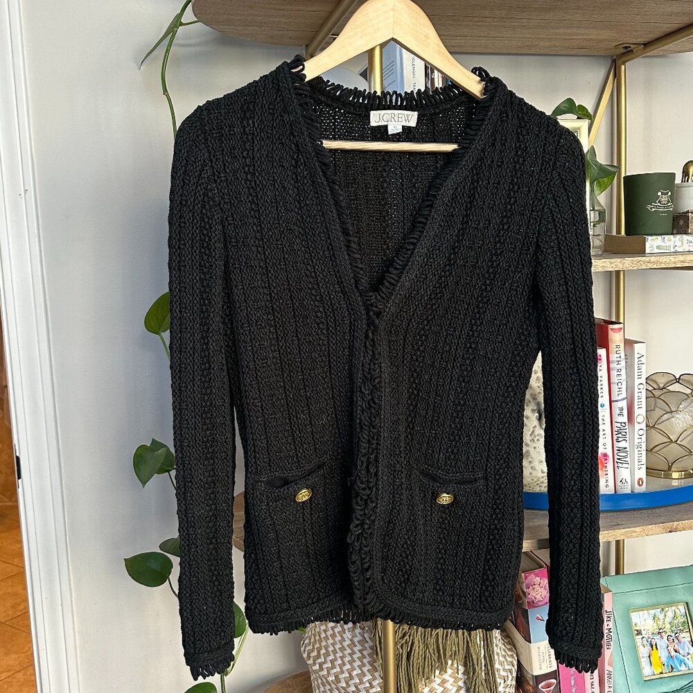 J.Crew, Black Textured Cable-Knit Lady Jacket with Fringe